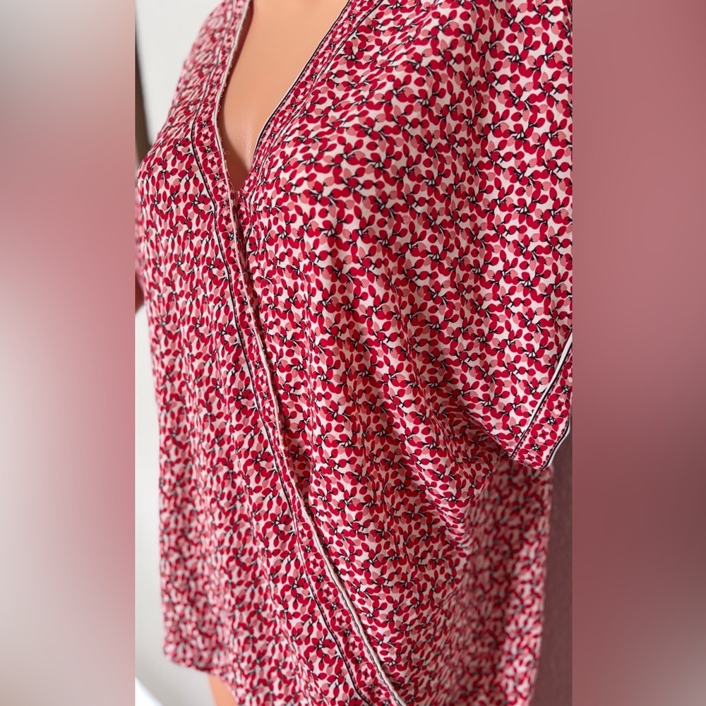 Max Studio Red Floral Wrap Blouse XL High Low Hem Gathered Sleeves